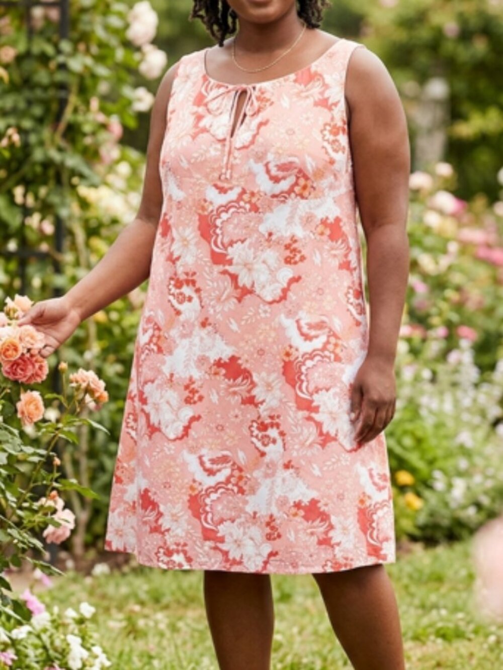 LIZ & CO Dress Women Sleeveless Coral Floral 18W 100% Cotton Garden Party Boho
